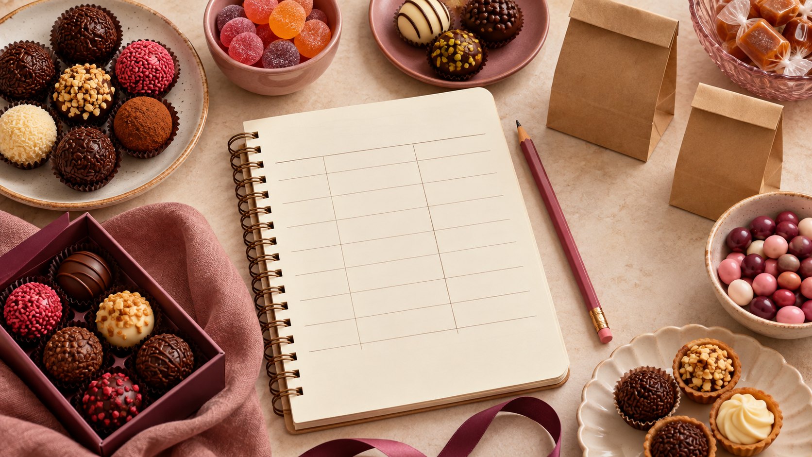 Ilustração de caderno de planejamento cercado por doces variados